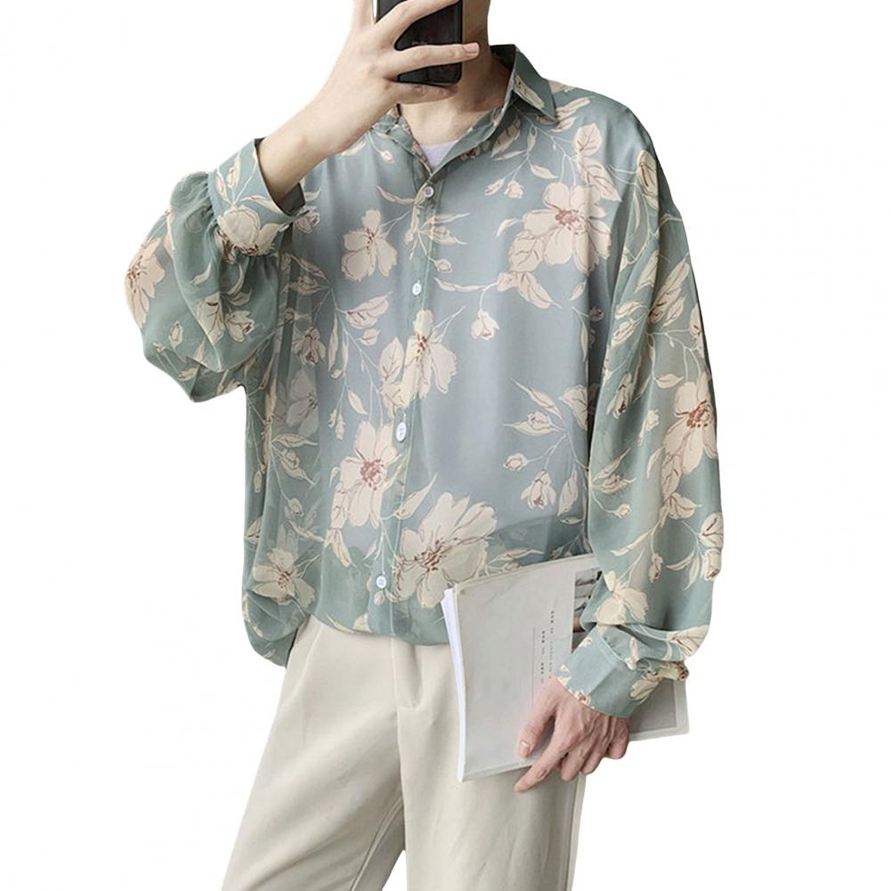 

Мужская рубашка однобортная с принтом, свободный отложной воротник, длинные рукава, однобортная, на пуговицах, тонкий кардиган средней длины, осень-весна M зелёный