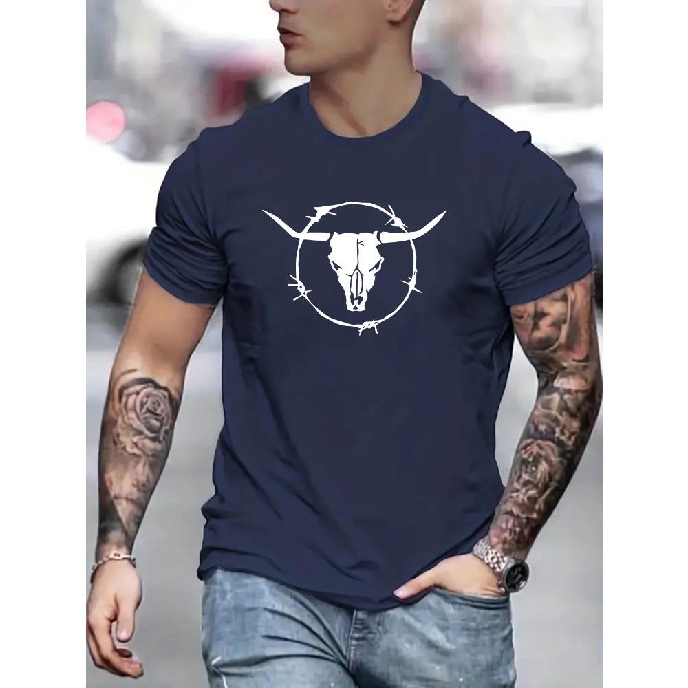 Men's Summer 100 Cotton Fashionable Casual Loose Plus Size Bull Skull Print Sports Round Neck Short Sleeved T-shirt Top