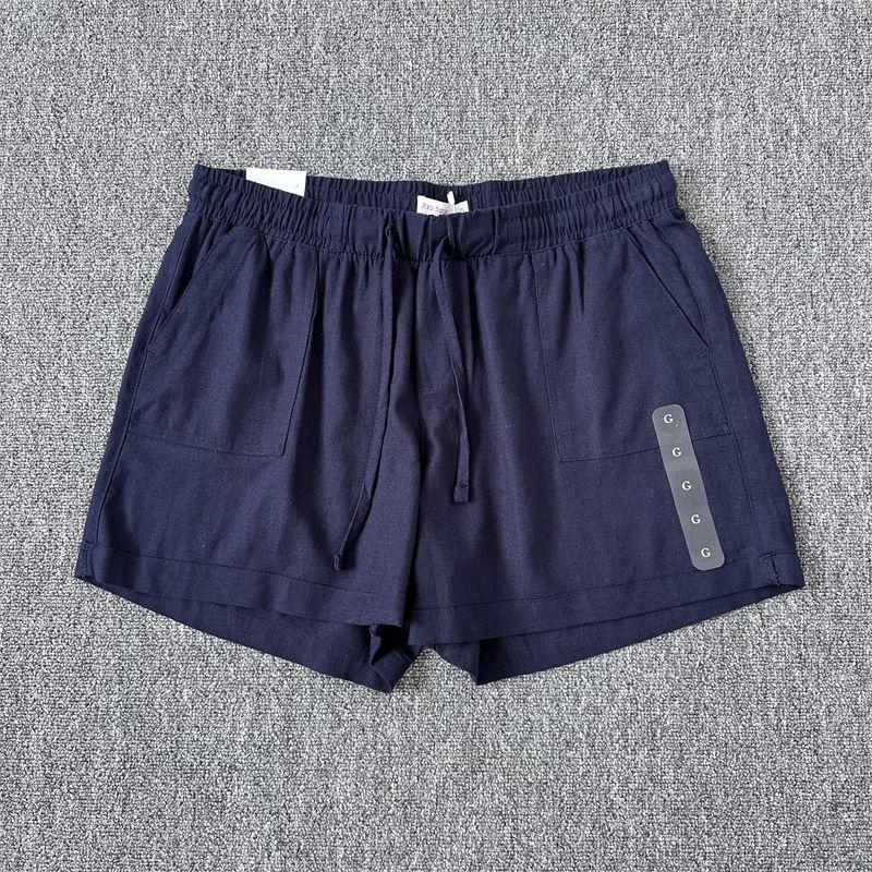 

Cotton and Linen Elastic High Waist Thin Lace up Casual Loose Pants Navy blue shorts G