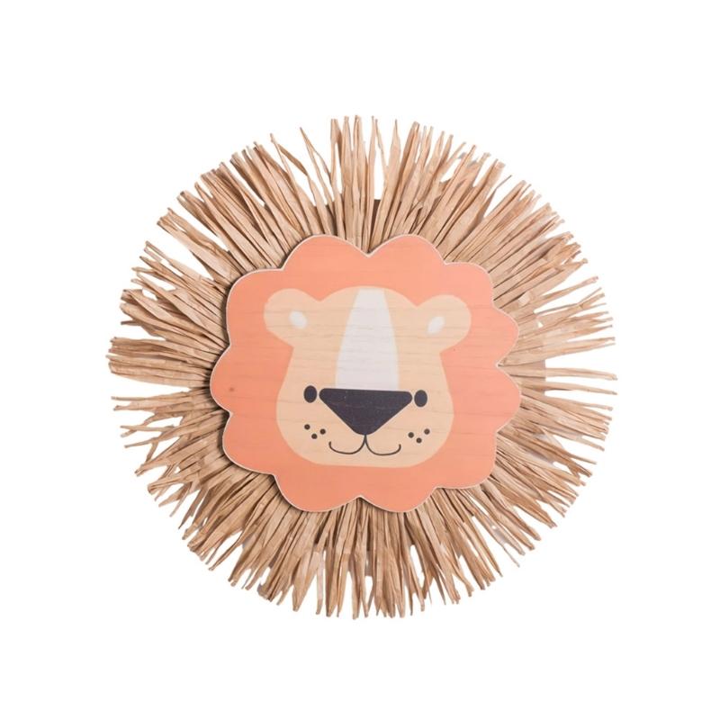 Cartoon Lions Hangings Decorations Creative Animal Head Ornament Handwovens Raffias Wall Decors for Farmhouses Bedroom Home