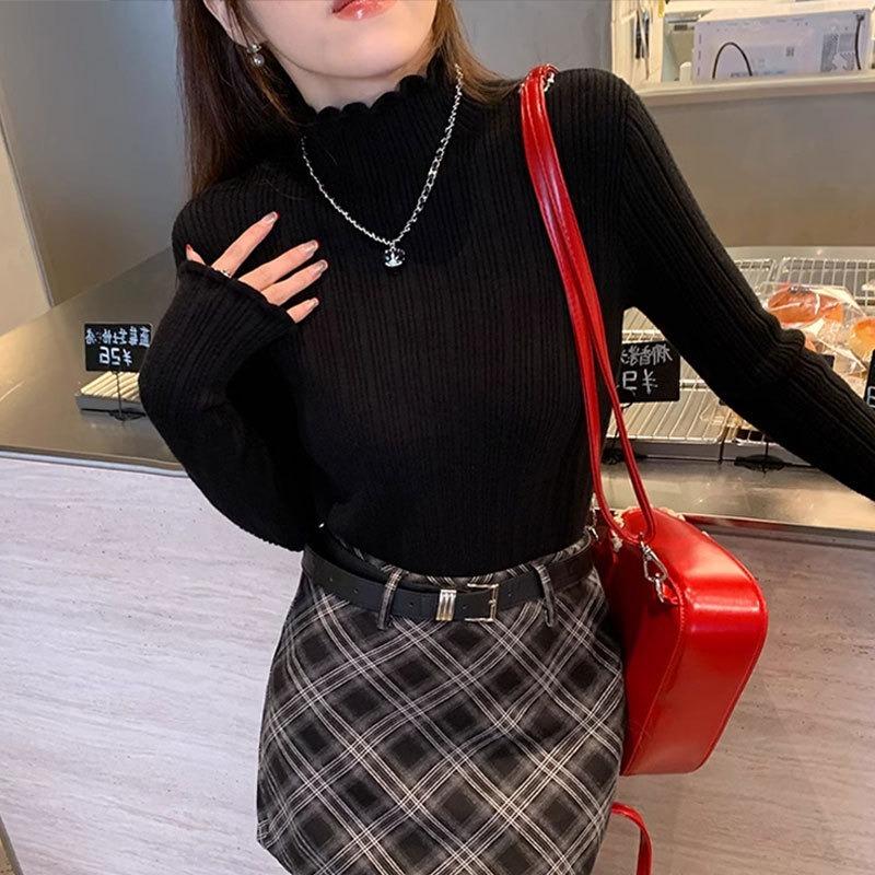 Super good-looking fungus edge bottoming shirt women's autumn and winter with white knitted sweater semi-turtleneck sweater