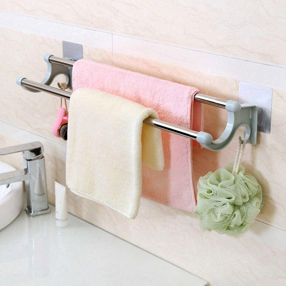 Punch-free Towel Rack Wall Mounted Towel Storage Shelf Multifunctional Double Rod Towel Bar  Toilet