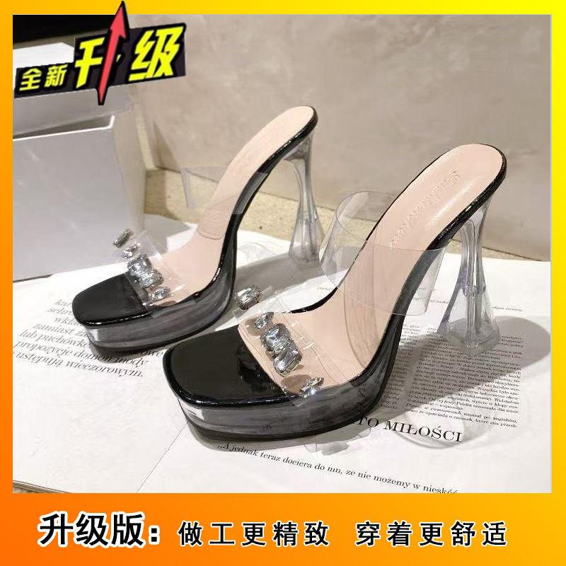2025 new beautiful crystal thick heel transparent rhinestone cool slippers versatile super high heel women's shoes waterproof table sandals women