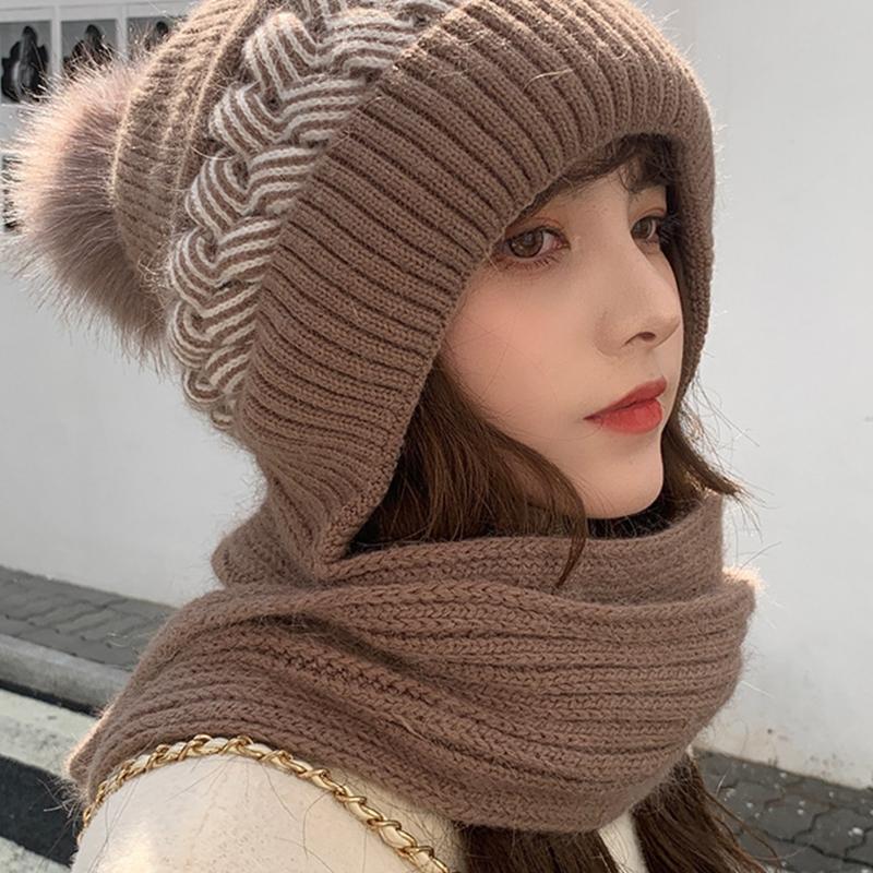 Korean Style Hat Scarf Set Women Winter Warm Cycling Ear for Protection Windproof Knitted Wool Pullover Cap Scarf for Wo