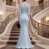Women Halter Neck Long Sleeve Evening Dress Sheer Mesh Off Shoulder Floor Length Formal Gown Ruched Waist Maxi Dress