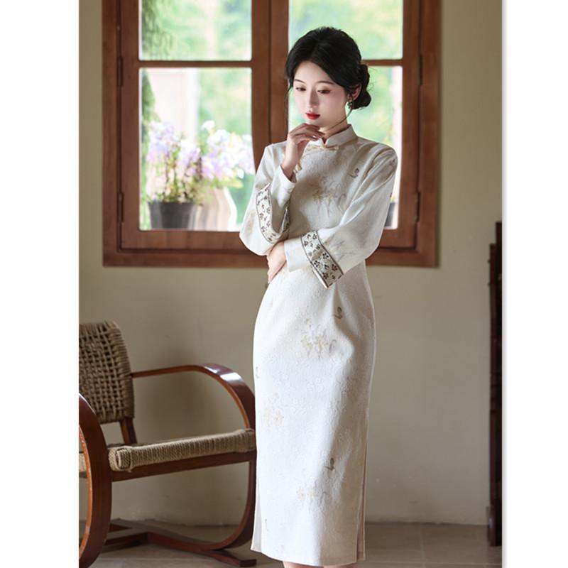 Fashion Improvement New Chinese Long Inverted Long-sleeved Cheongsam Autumn and Winter New Loose Version Daily Wear Cheongsam