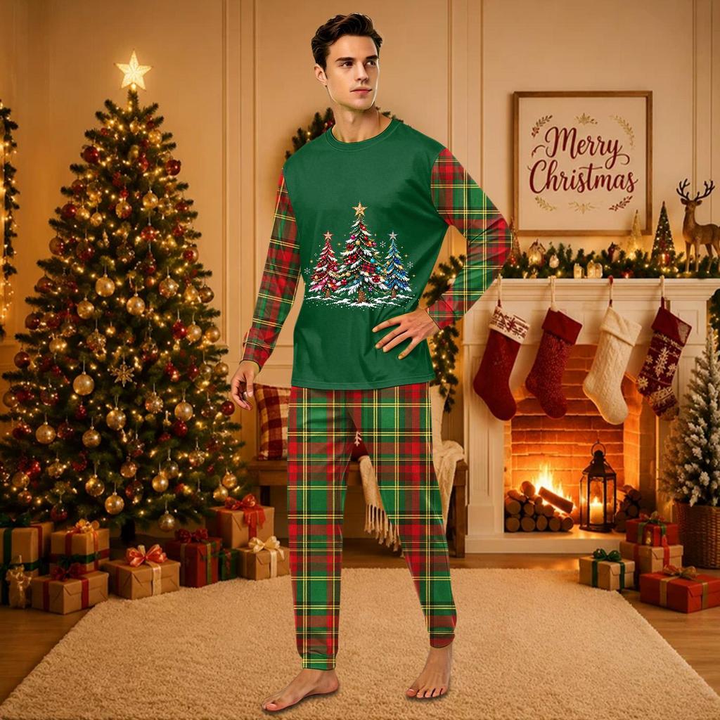 Christmas-print long-sleeve and long-pant matching family loungewear set
