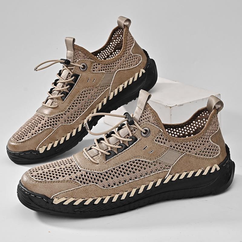 Fashion Men's Casual Mesh Shoes Large Size Breathable Trade Sneakers Shoes Handmade Cowhide Leather Splice Mesh Net Shoes C1165