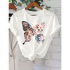 European Sizes Floral Butterfly Print Women's Casual Round Neck Short Sleeve Top