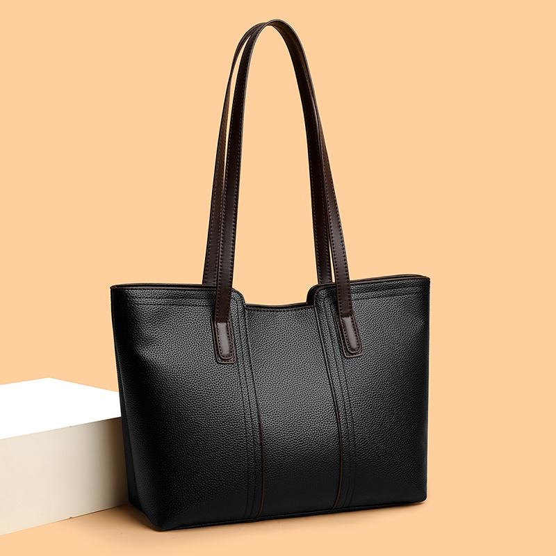 Simple Modern Tote Beige Color-Blocked Lychee Pattern Tote Bag Minimalist Design Comfortable for Daily Essentials