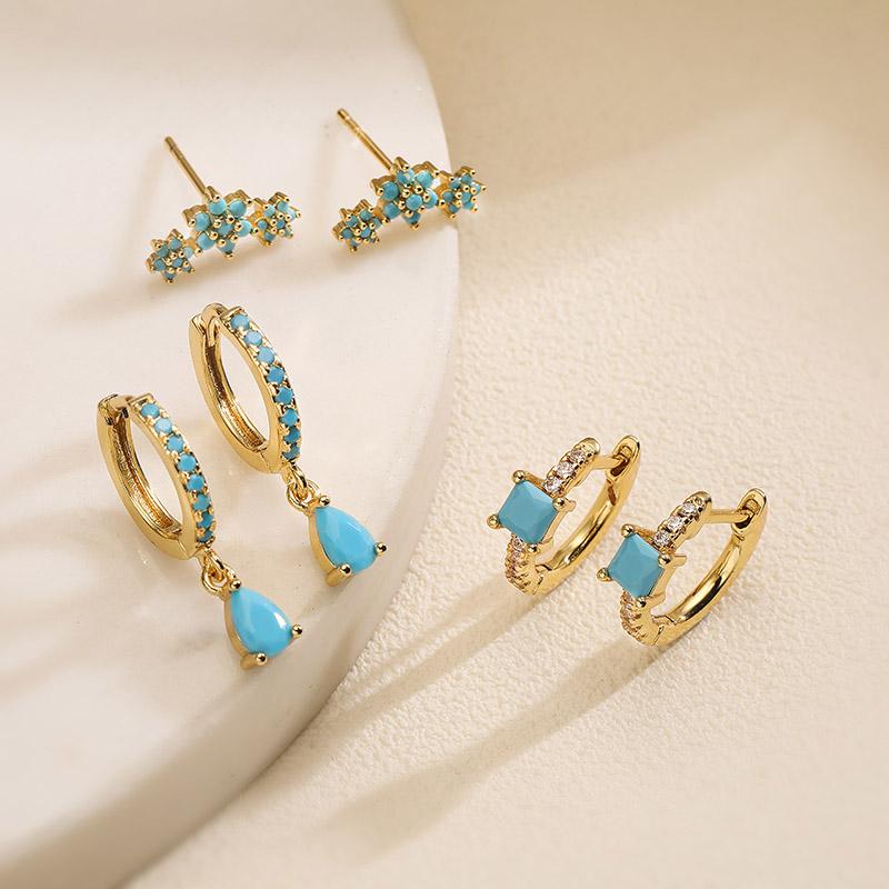 

HECHENG,3 Pairs Ladies Luxury Exquisite Copper Zirconia Flower Drop Earrings Ladies Wedding Zircon Set Other бірюзовий