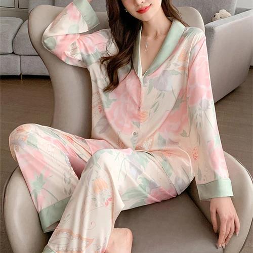 High Quality Light Luxury Ice Silk Pajamas Women's Pajama Spring and Autumn Style Long Sleeve Home Set Nightwear
