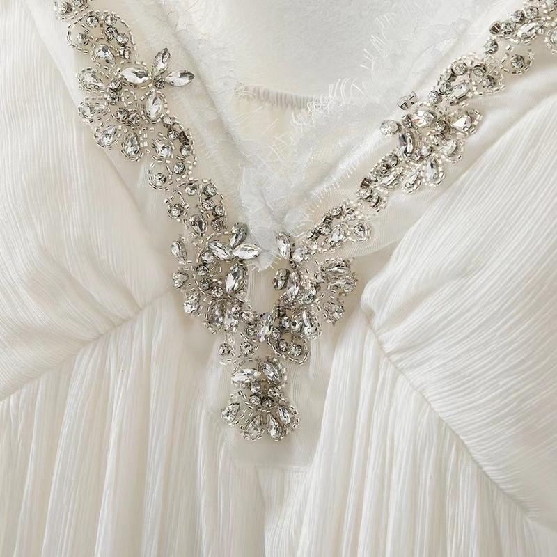 Heavy Industry Bead Rhinestone V-neck Decorative Applique  Lace Mesh Bow Patches Clothing Dress DIY Sewing Accessories