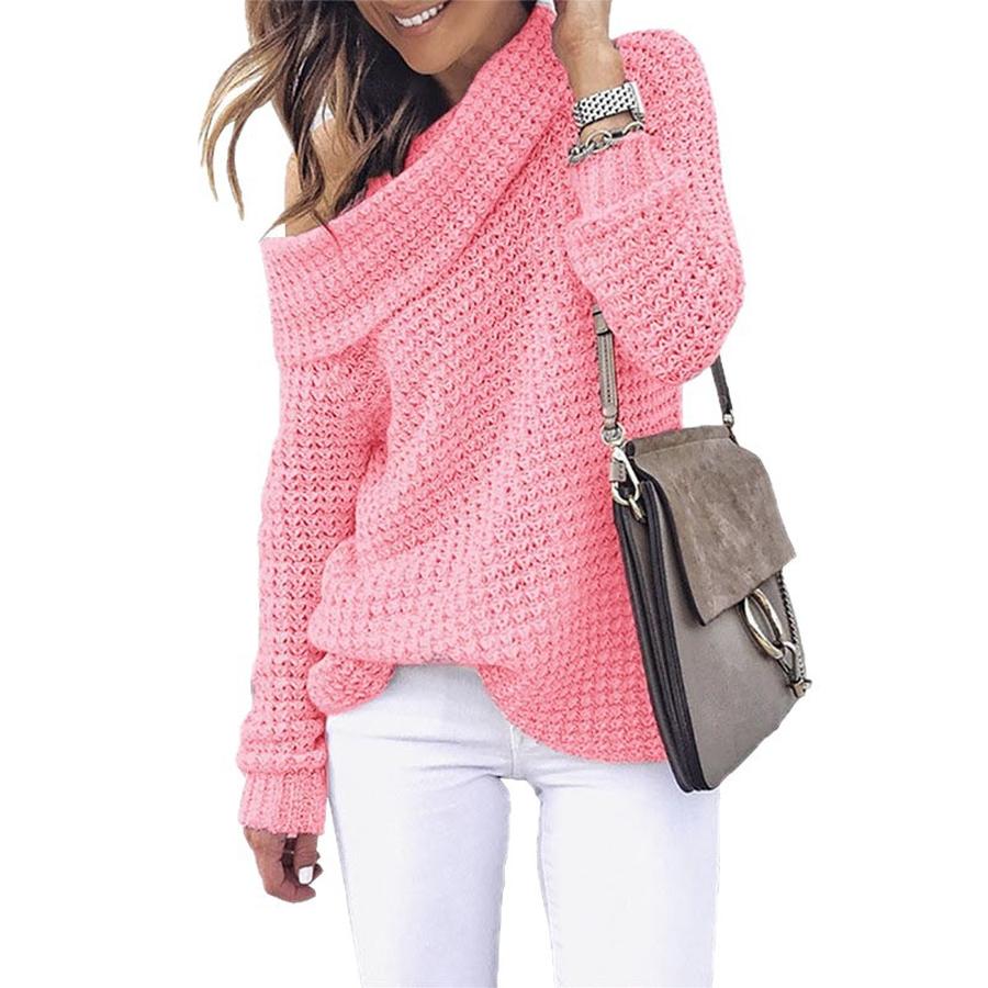 Women's Autumn Knit Sweater Solid Color High Neck Ribbed Top One Shoulder Sexy Loose Fit Oversized