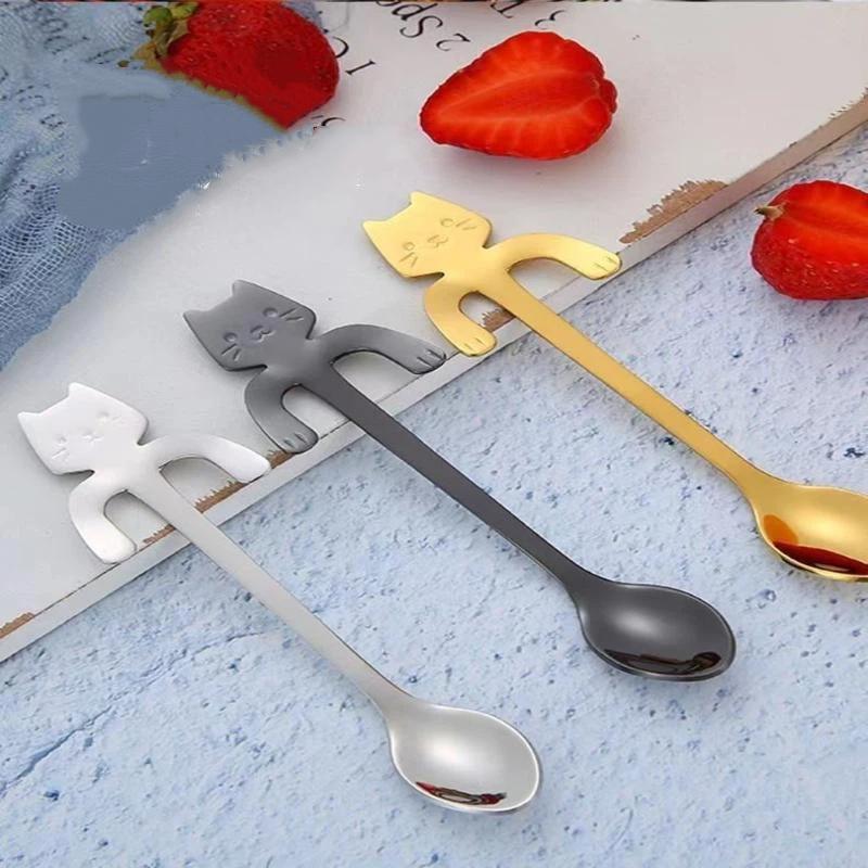 Stainless Steel Cute Cat Hanging Spoons Smooth Edge Lovely Design Fit For Coffee Tea Dessert Home Use