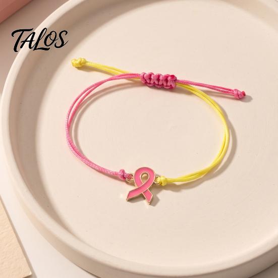 Braided Rope Wristband 2 Pcs Breast Cancer Awareness Bracelets, Adjustable String Comfortable Daily Wear Jewelry Bracelets with Ribbon Charm,