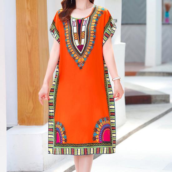 Women Dress Ethnic Style Round Neck Print Contrast Color Geometric Printing Pullover Loose Short Sleeves Midi Dress Women Clothes