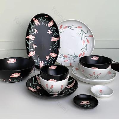 Retro Flowers Black White Ceramic Plates High End Restaurant Delicious Steak Plate Exquisite Home Rice Bowls Unique Tableware