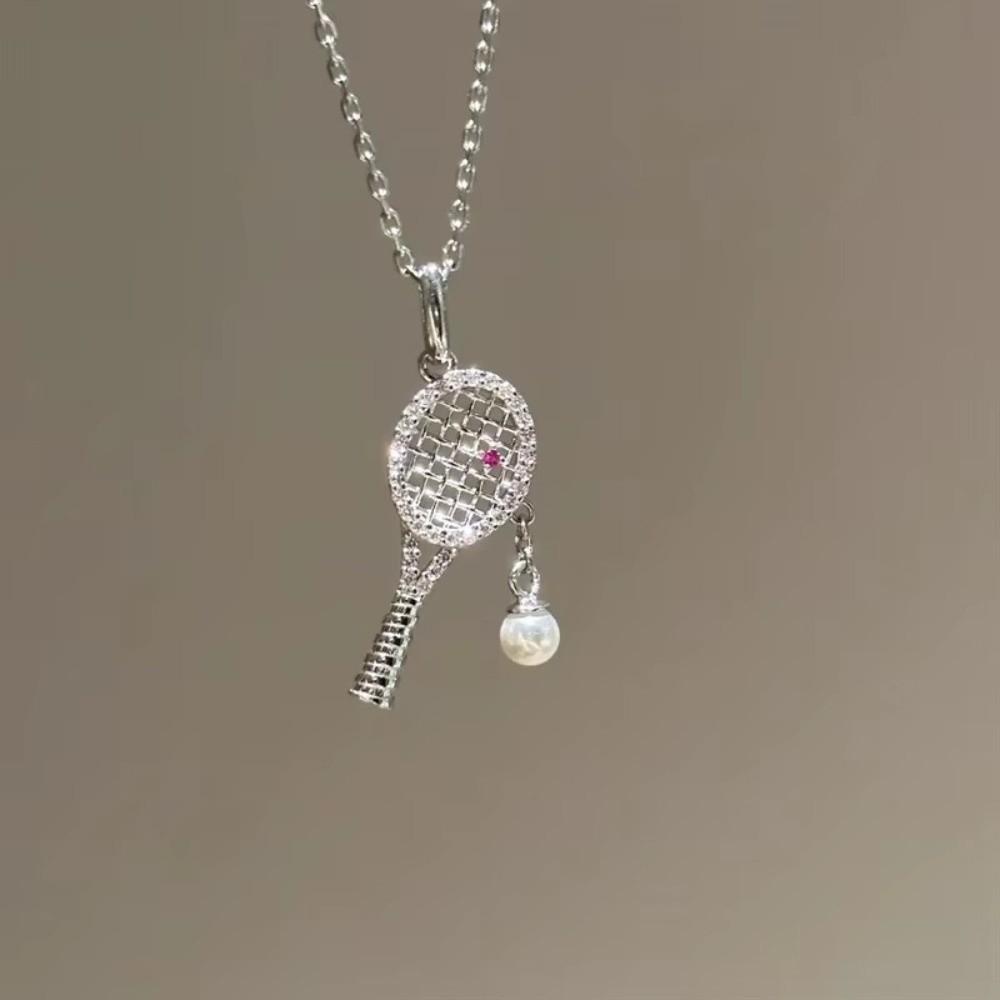 Pearl Chain Racquet Pendant Necklace Exquisite Design Zircon Pearl Chain Necklace  For Women