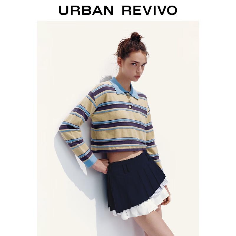 UR 2025 Autumn Women's Color Block Stripe Polo Knit Top
