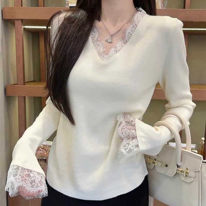 Andy Velvet Washing Water, Korean Sweet Girl Lace V-neck Knitted Sweater Women's Autumn and Winter Inner Sweater