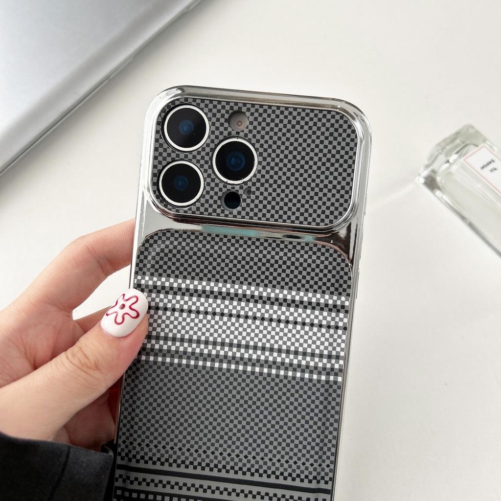 Carbon Fibre Kevlar Texture PC Phone Case For iPhone 17 16 15 14 13 Pro Max Plating Large Window Shockproof Bumper Cover