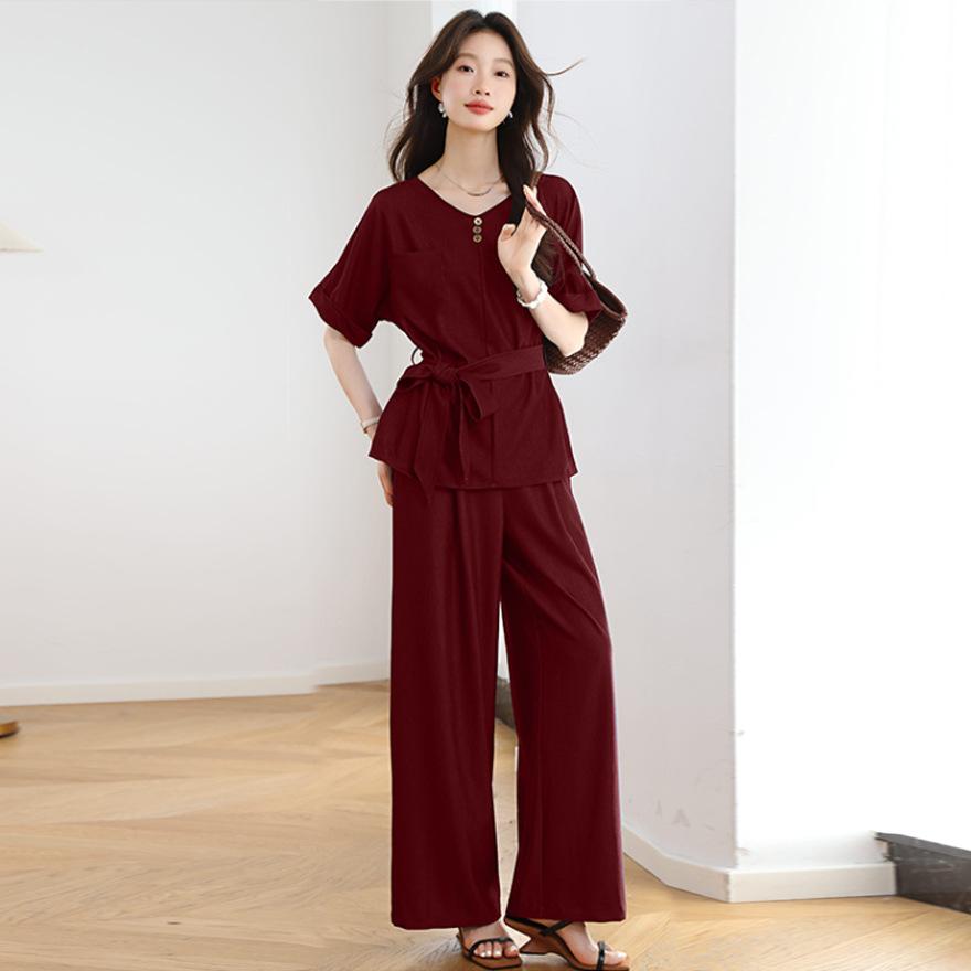 

Simple casual relaxation suit women s summer new commuter temperament waist shirt wide leg pants two-piece set M бордовий