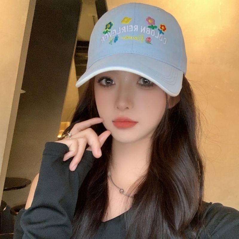 New Flower Yellow Letter Embroidered Baseball Cap Female Sweet Versatile Soft Top Big Head Circumference Showing Face Ducktongue