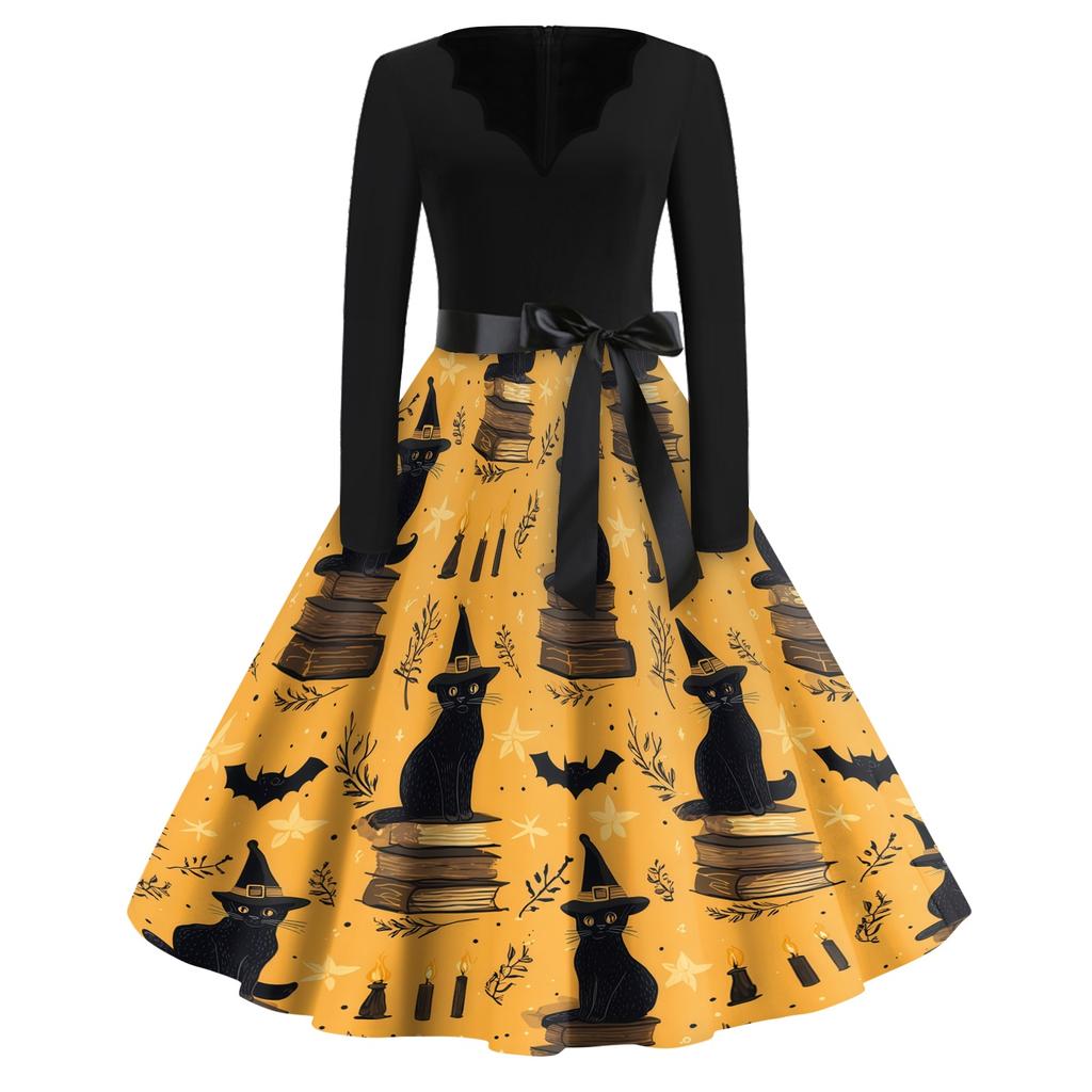 Women Casual Vintage V Neck Dress Long Sleeve Halloween Print Retro Style Midi Dress with Waist Tie Belt