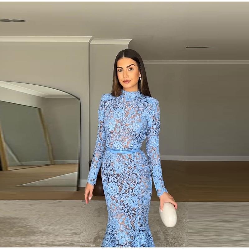 Ladies' Perspective Lace Hollow Belt Long Sleeve Fishtail Dress Solid Color Lace Decorative Elegance Ladies' Long Sleeve Dress Spring Autumn New Style