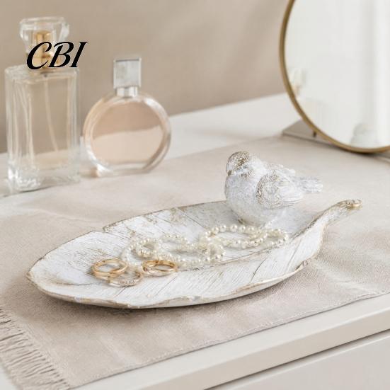 Resin Trinket Tray Elegant Bird Leaf Shaped Dish, Jewelry Tray, Vintage Gold Ring Tabletop Storage Holder for Nightstand Dresser, Small Decorative