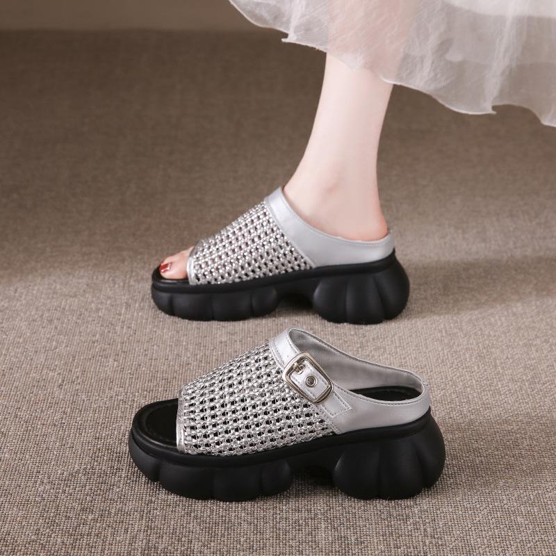 Thick-bottomed muffin Birkencool slippers for women's summer wear 2025 new high-end skirt hollow-woven one-word slippers