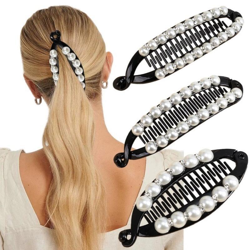 Fashion Pearl Rhinestone Banana Hair Clip Bling Decor Hair Barrettes for Girls Birthday Gift Daily Outing Hair Accessories