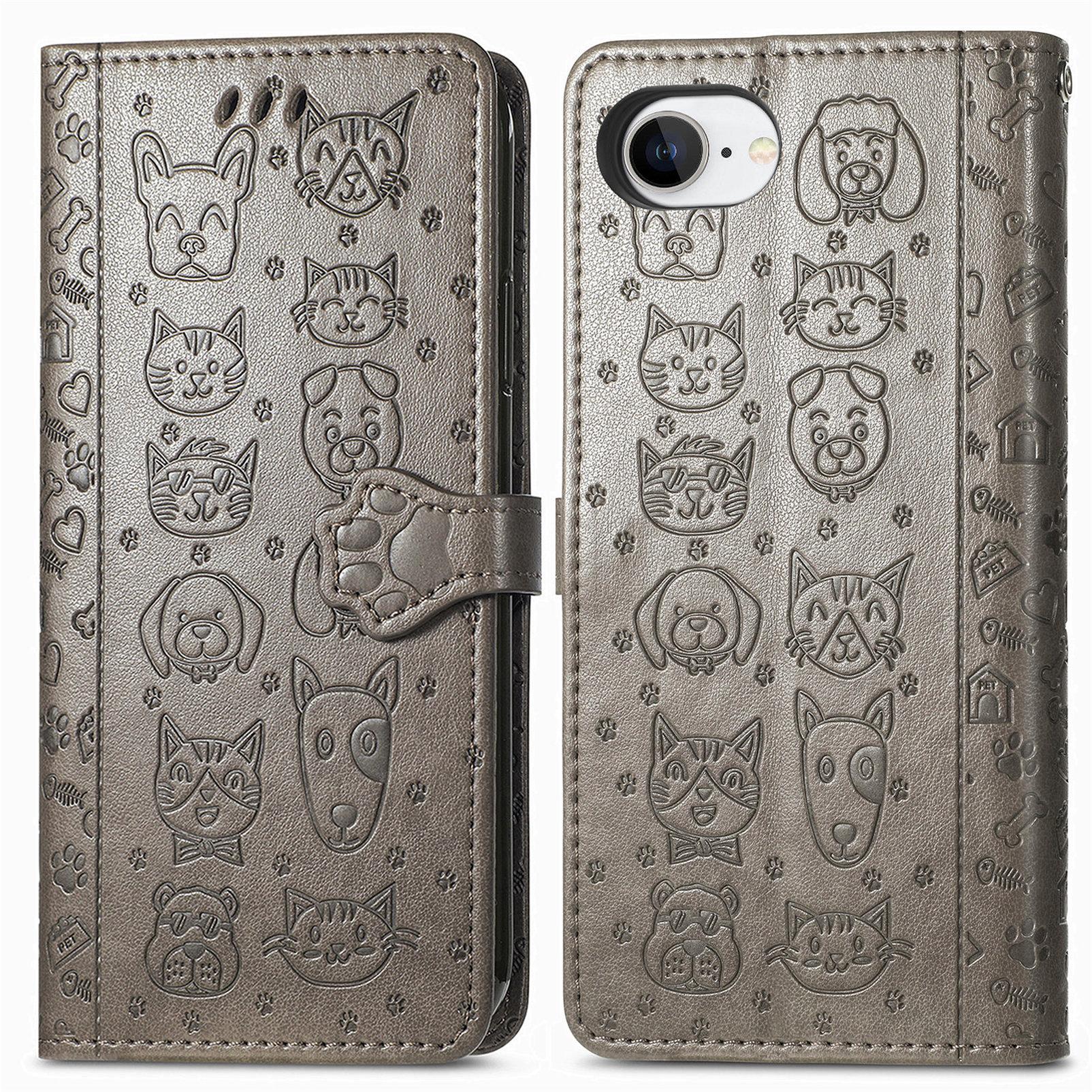 

For iPhone 16e Leather Wallet Case Flip Phone Cover with Cute Cat Dog Pattern Purple