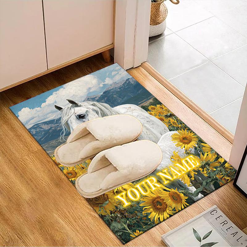 1PC Custom Name Horse Foal Sunflowers Theme Floor Mat Ideal for Living Room, Game Rooms, Office, Bedroom,Floor Mat Playful Design
