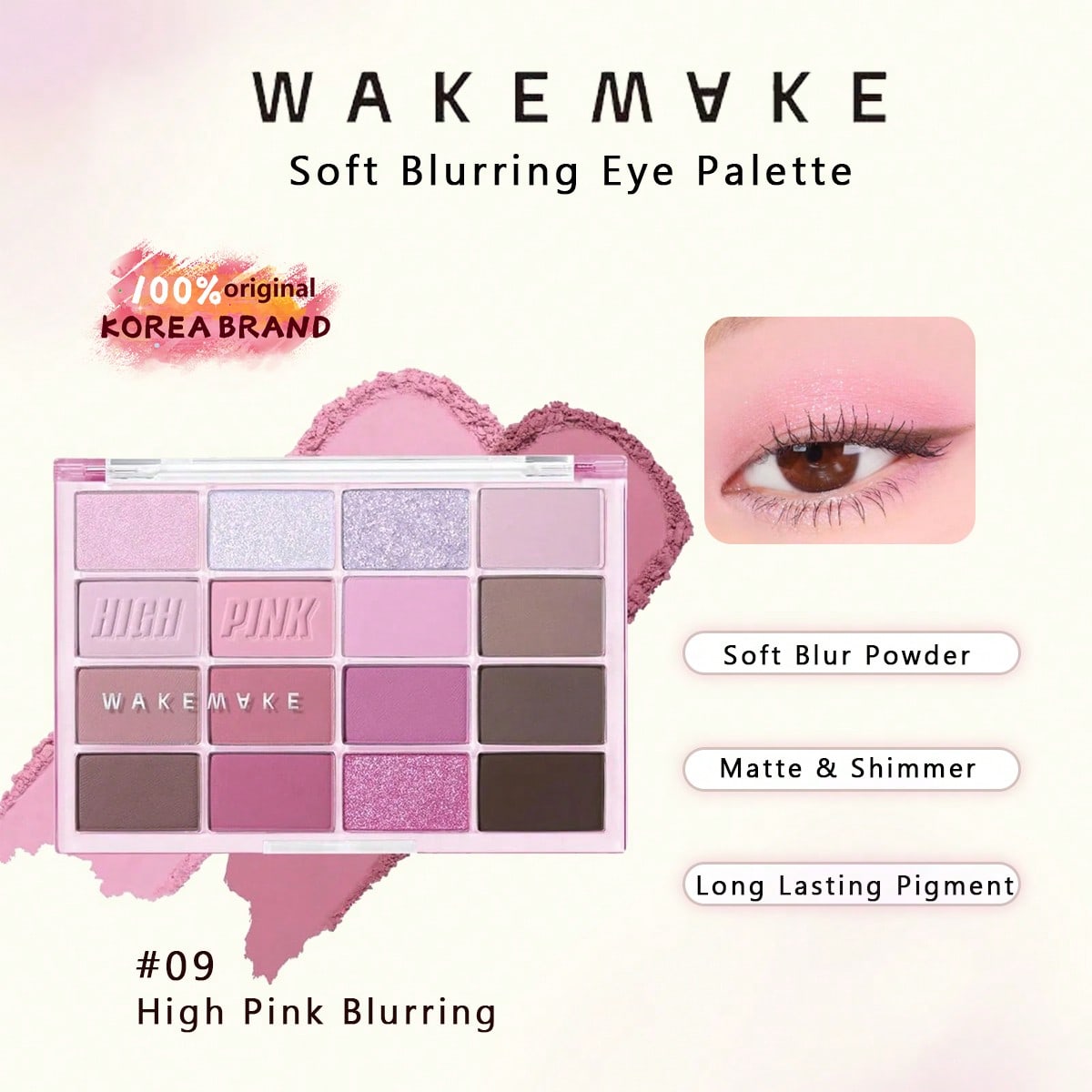 WAKEMAKE Soft Blurring Eye Palette 07-09, Miękkie Wykończenie Mist i Shimmer, Długotrwały Pigment, Łatwy w Aplikacji, Odpowiedni dla Początkujących, Koreański Makijaż 09 High Pink Blurring
