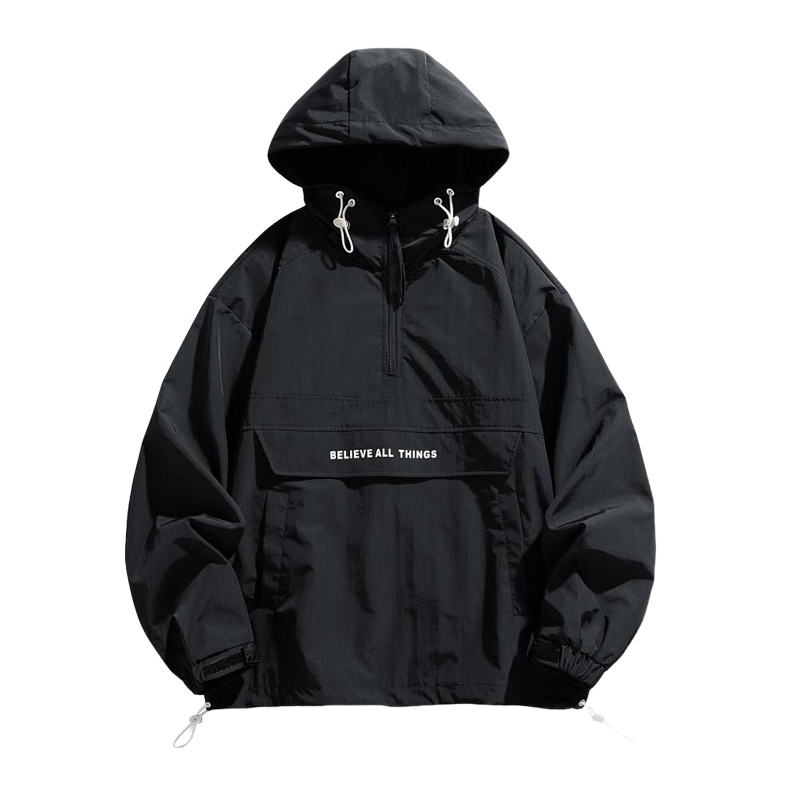 

Men s Letter Print Half Zip Hooded Jacket, Casual Regular Fit Long Sleeve Jacket For Spring & Fall, Fashion Men s Outerwear For Daily Wear XXL чёрный