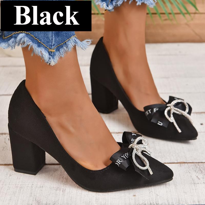 

Модные туфли-лодочки Aphixta бежевые с хрустальным бантом и надписями, каблук 7 см, женские, для студентов и взрослых, острый носок, из флока и замши, большие размеры 30-50 37 (23.5cm) чёрный