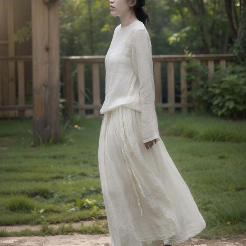 Johnature Women Vintage Bandage Dresses O-Neck Long Sleeve Soft Spring Solid Color A-Line Dress