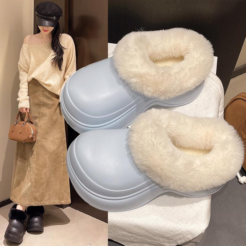 Damen Übergröße Fellmund Weiche Sohle Winter Warm Fell Ein Fuß Steigbügel Schneestiefel Flauschig Gefüttert Rutschfest Wandern Freizeit Sport Baumwollpantoffeln