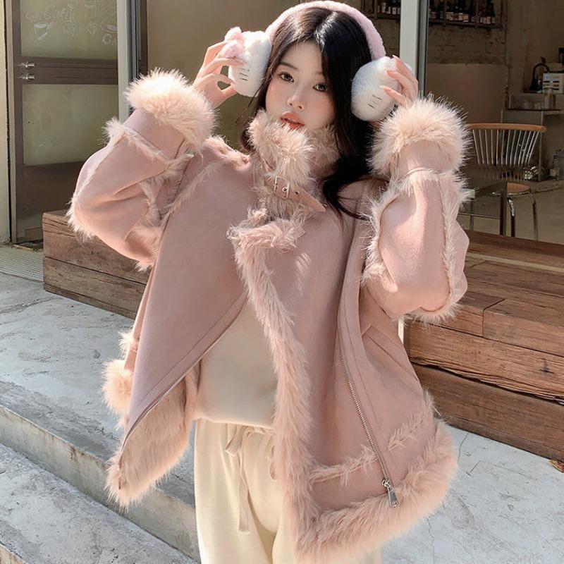 

Осенне-зимняя короткая куртка из искусственной замши и меха, флисовая и более толстая зимняя новая куртка из интегрированного меха, теплая верхняя женская одежда S 80-100 розовый