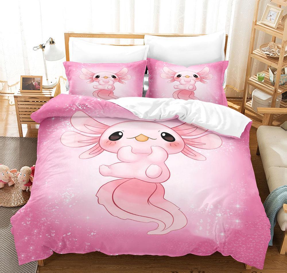 Kawaii Djur Axolotl Tryck Sängkläder Set Enkelt Twin Full Queen King Size Sängset Aldult Barn Sovrum Påslakanset 3D Anime