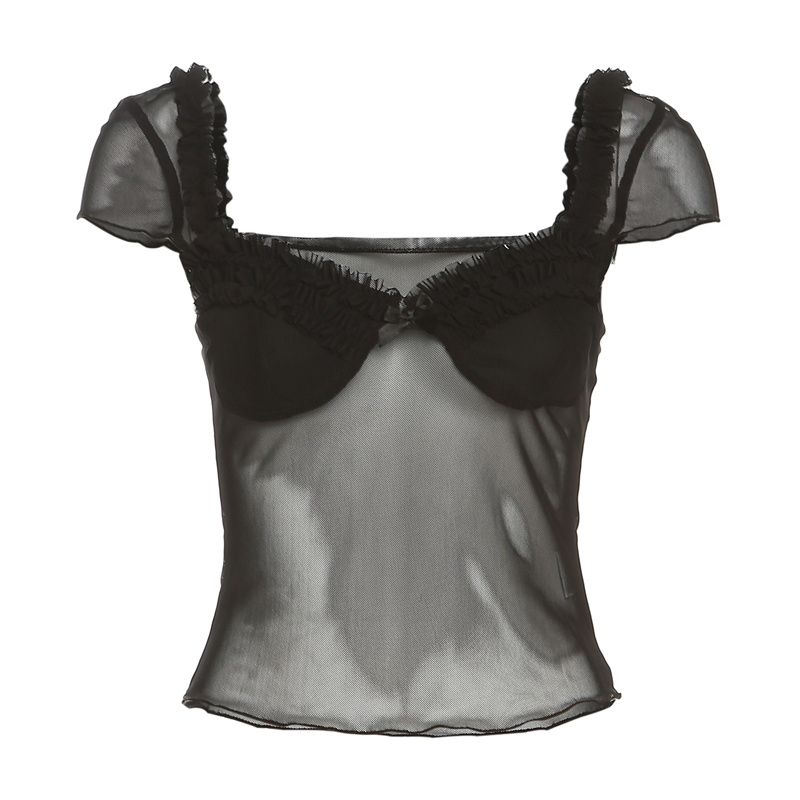 

# Sisjuly# Fashion Chic Sexy Wind Silm Sexy Square-Neck Sheer Mesh Patchwork Easy Matching Short Sleeve T-shirt for Women Black S