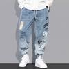 Blugi de primăvară, toamnă, pentru bărbați, cu imprimeu cu litere, graffiti, blugi harem, pantaloni largi din desene animate, cu graffiti, cu șnur, pantaloni de jogging casual hip hop