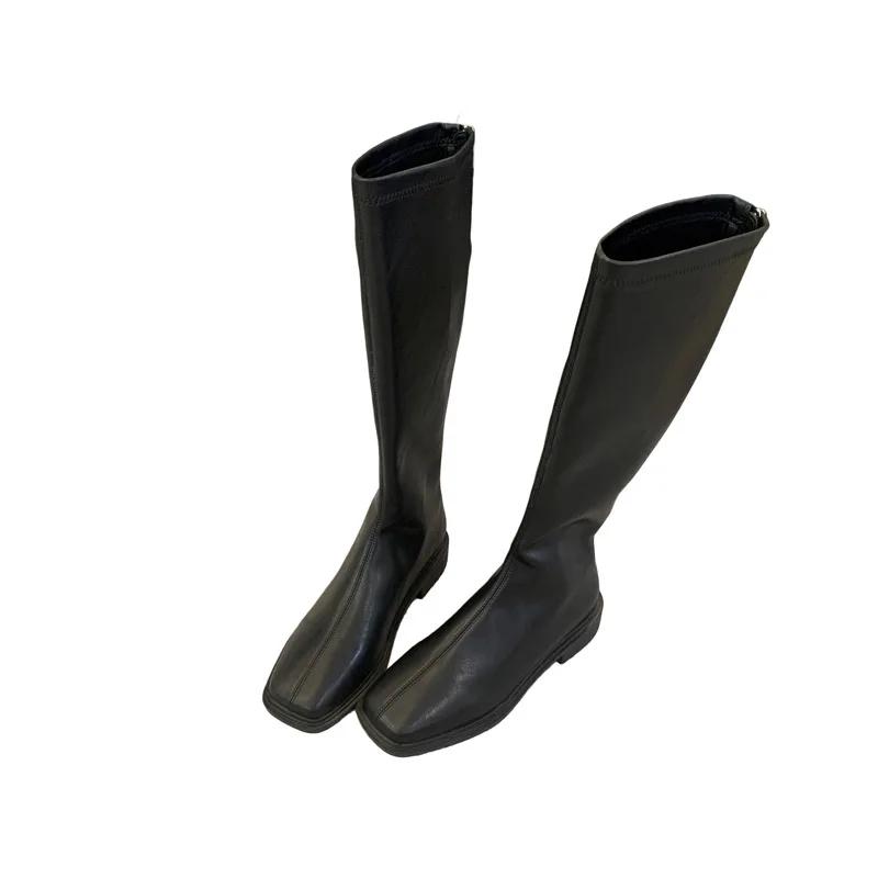 2024 Skinny Short Boots Female Head Knight Middle Heel Star Style Soft Leather  Boots Thick Heel Long Boots Platform Shoes
