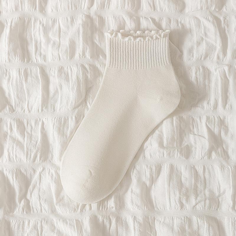 Female Spring and Autumn Sweet Solid Color Wood Ear Lace Medium Tube Cotton Socks