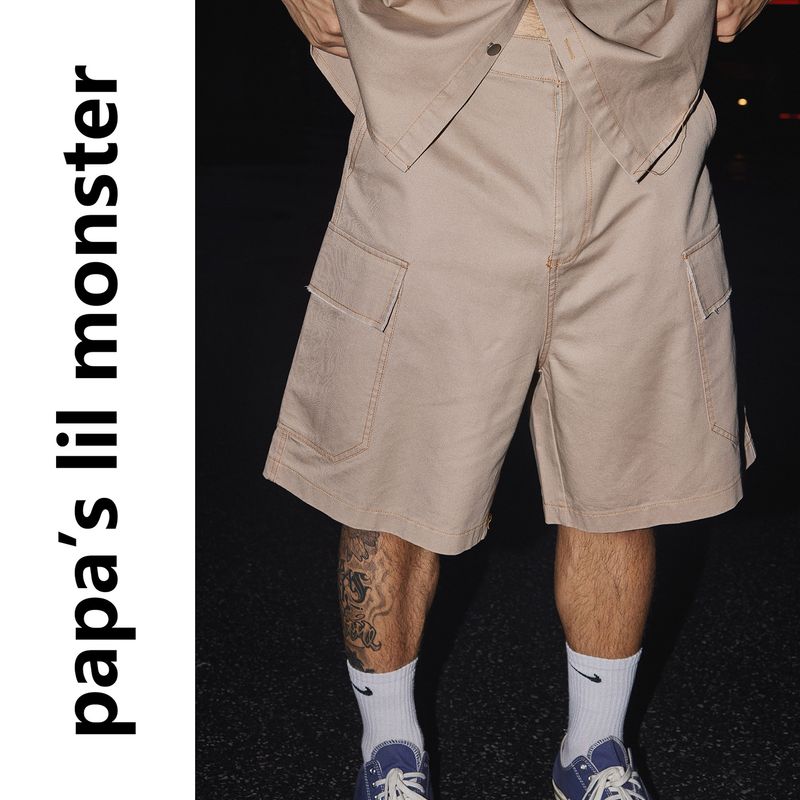 

Pure Cotton Fabric American vintage Loose Profile Distressed Cargo Denim Short sleeve Shirts Shorts Set Men s Fashion Apricot Pants L