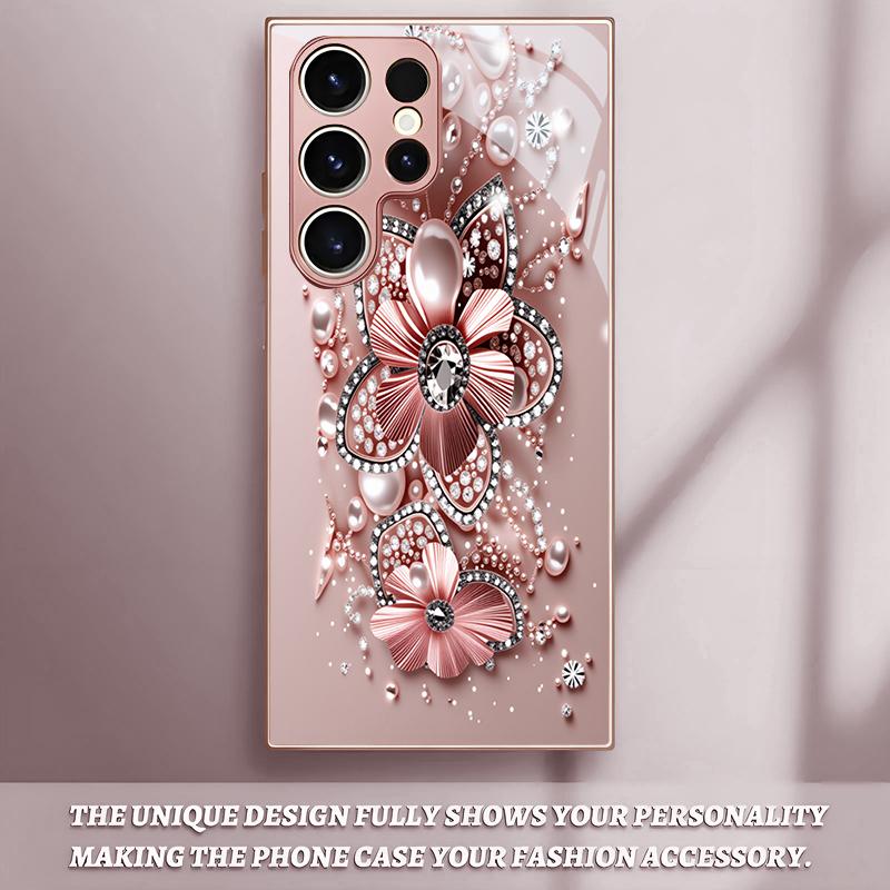Rose Gold Jewel Bloom Pink Metallic Glass Phone Case For Samsung A33/A34/A36/A42/A50/A51/A52/A53/A54/A55/A56/70 71 72 Back Cover