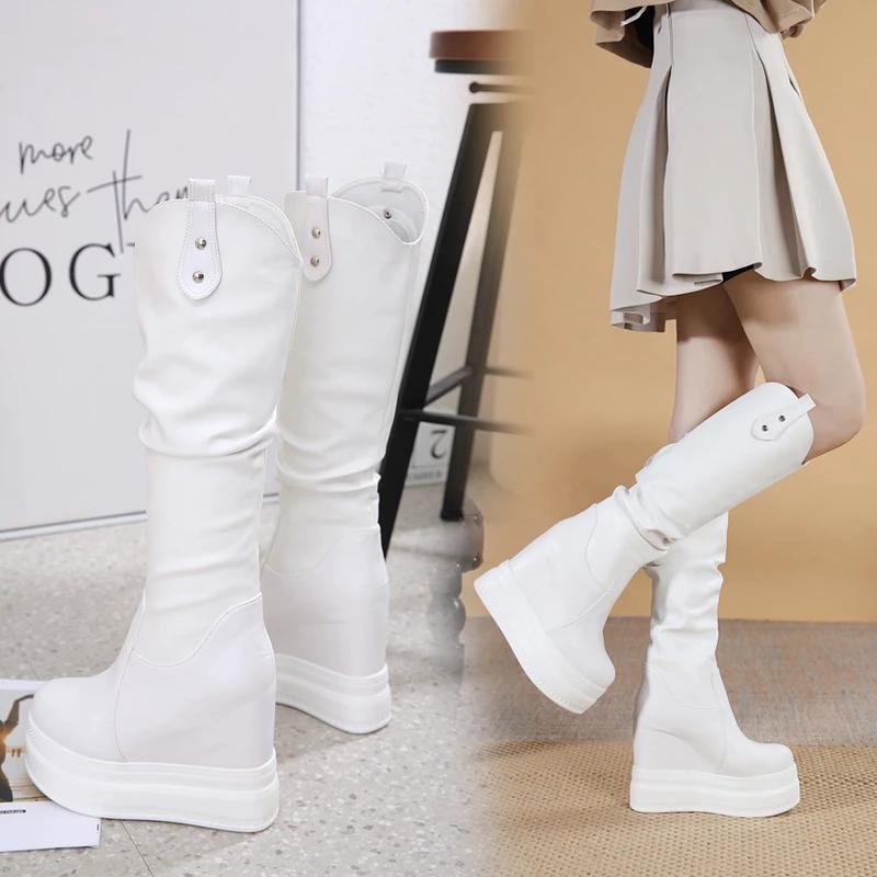 

Модные женские сапоги-трубы с толстой подошвой 13 см, увеличивающие рост, с ремешками с пряжками, европейско-американская платформа, до колена 36 белый