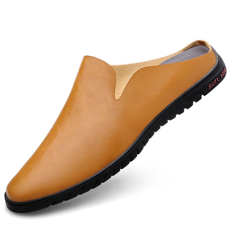 Men's Shoes 2025 Summer New Fashion Leather Surface Without Heel Half Slippers Men's Easy To Wear Lazy Shoes